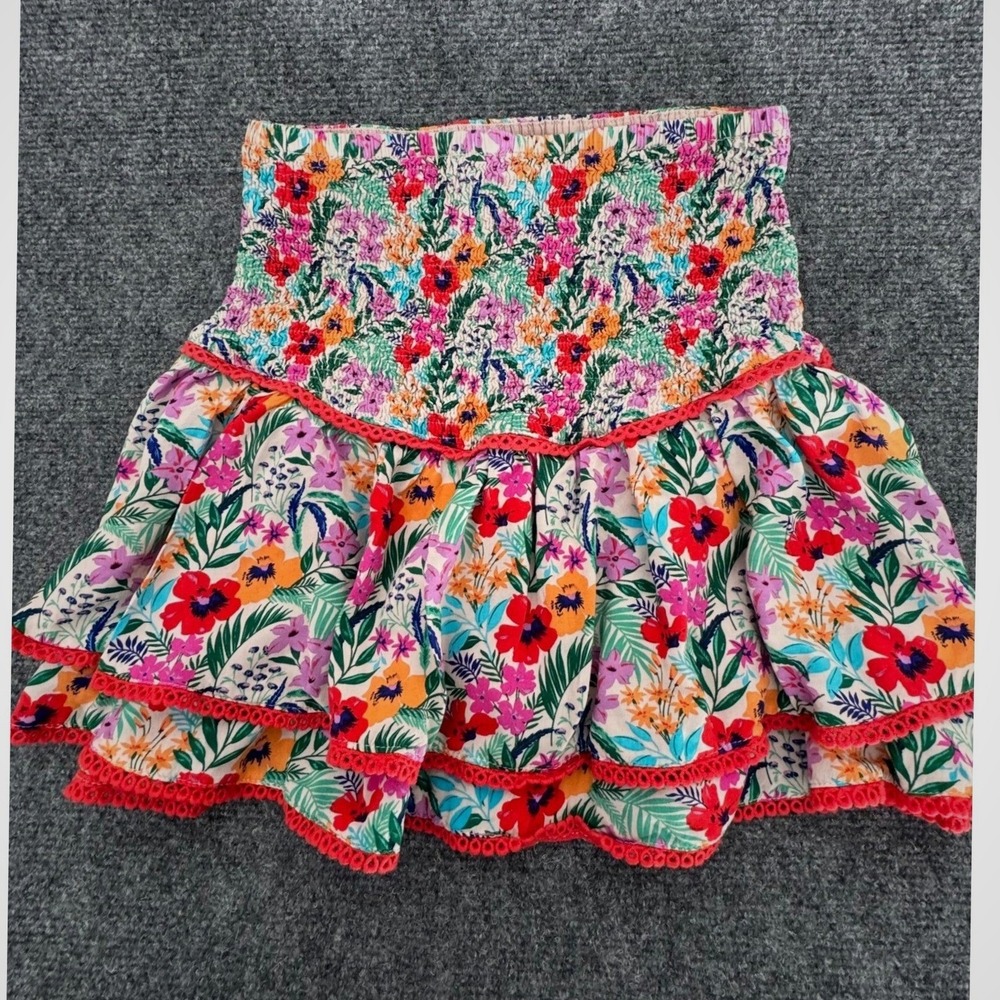 Lost + Wander Floral Smocked Mini Skirt Ruffle Pom Pom Trim Recycled Rayon Small